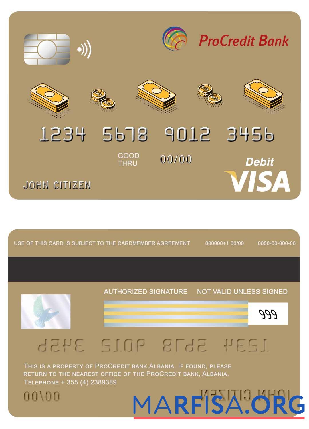 Printable Albania Procredit bank visa card real example